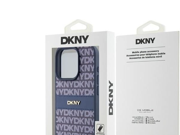DKNY DKHCP15LPRTHSLB iPhone 15 Pro 6,1" blå hardcase i skinn med monostripe og metalllogo