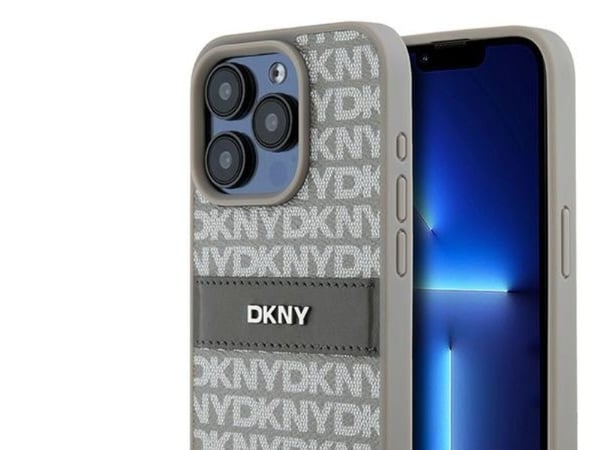 DKNY DKHCP15LPRTHSLE iPhone 15 Pro 6,1" beige hardcase i lær – mono stripe & metall-logo