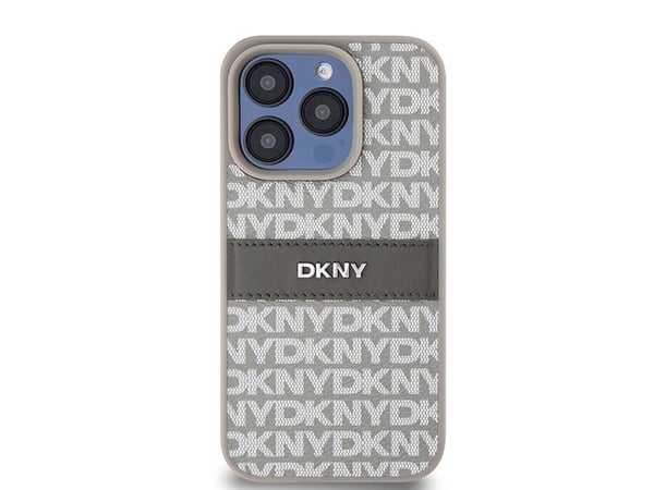DKNY DKHCP15LPRTHSLE iPhone 15 Pro 6,1" beige hardcase i lær – mono stripe & metall-logo