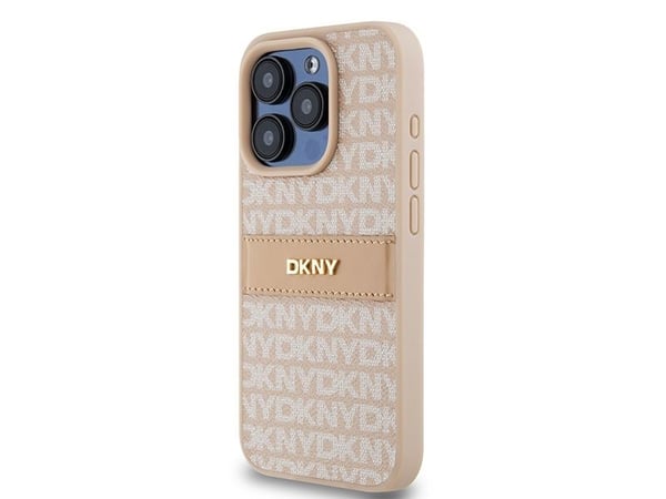 DKNY DKHCP15LPRTHSLP hardcase i lær mono stripe & metall-logo til iPhone 15 Pro 6,1" rosa