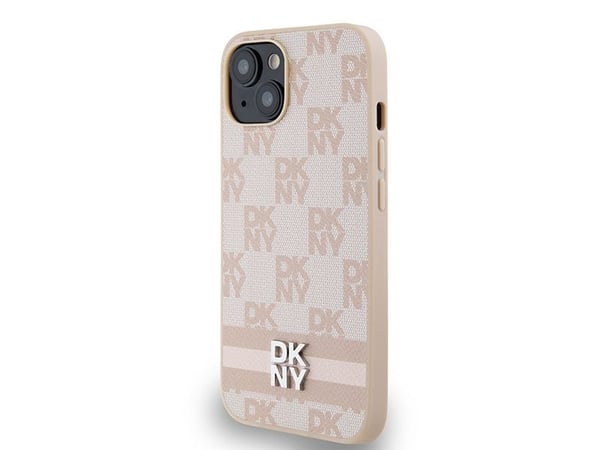DKNY DKHCP15MPCPCPTSSP iPhone 15 Plus / 14 Plus 6.7" vaaleanpunainen/musta kovakotelo Nahka Checkered Mono kuvio &amp; painetut raidat