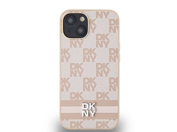DKNY DKHCP15MPCPCPTSSP iPhone 15 Plus / 14 Plus 6.7" vaaleanpunainen/musta kovakotelo Nahka Checkered Mono kuvio &amp; painetut raidat