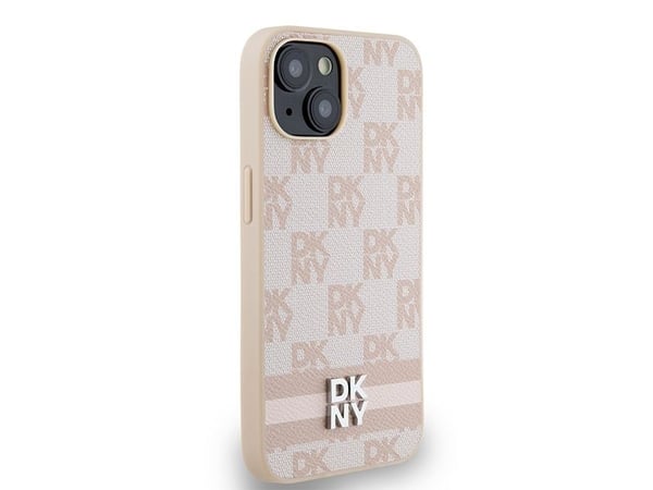 DKNY DKHCP15MPCPCPTSSP iPhone 15 Plus / 14 Plus 6.7" vaaleanpunainen/musta kovakotelo Nahka Checkered Mono kuvio &amp; painetut raidat