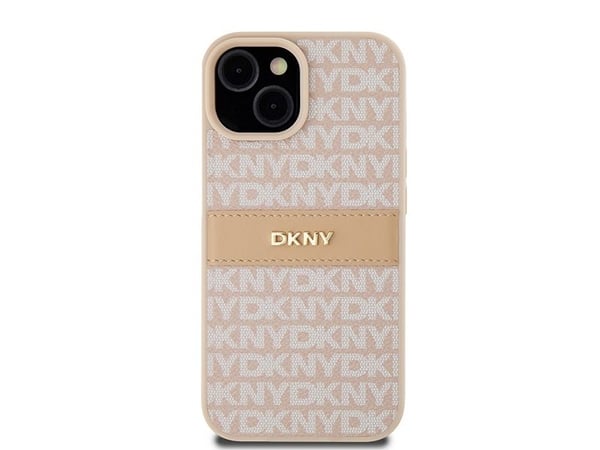 DKNY DKHCP15MPRTHSLP iPhone 15 Plus / 14 Plus 6.7" vaaleanpunainen / vaaleanpunainen kova kotelo, nahkainen yksivärinen raita ja metallinen logo