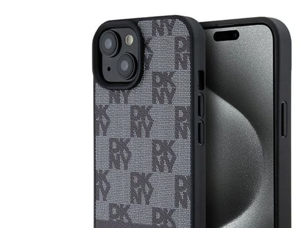 DKNY DKHCP15SPCPTSSK iPhone 15/14/13 6,1" svart hardcase i lær, rutete mono-mønster & trykte striper