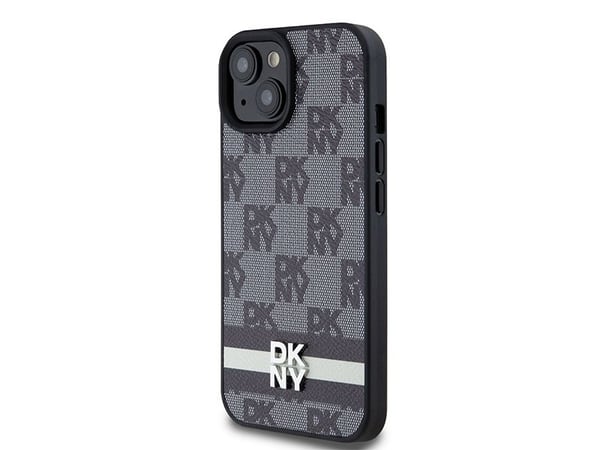DKNY DKHCP15SPCPTSSK iPhone 15/14/13 6,1" svart hardcase i lær, rutete mono-mønster & trykte striper