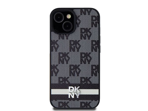 DKNY DKHCP15SPCPTSSK iPhone 15/14/13 6,1" svart hardcase i lær, rutete mono-mønster & trykte striper