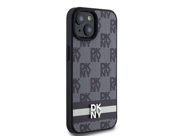 DKNY DKHCP15SPCPTSSK iPhone 15/14/13 6,1" svart hardcase i lær, rutete mono-mønster & trykte striper