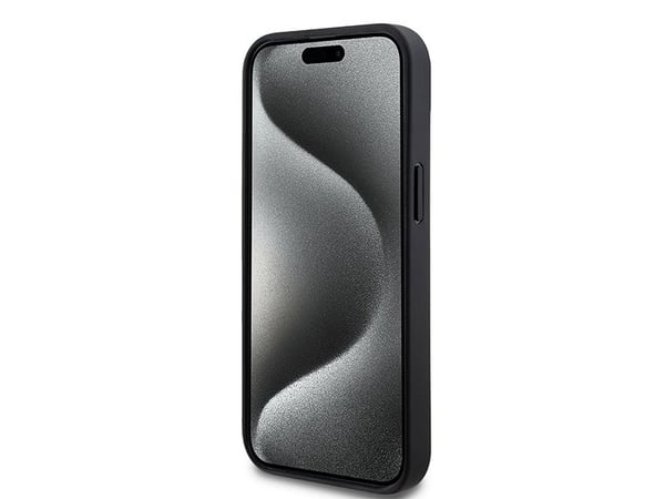 DKNY DKHCP15SPCPTSSK iPhone 15/14/13 6,1" svart hardcase i lær, rutete mono-mønster & trykte striper