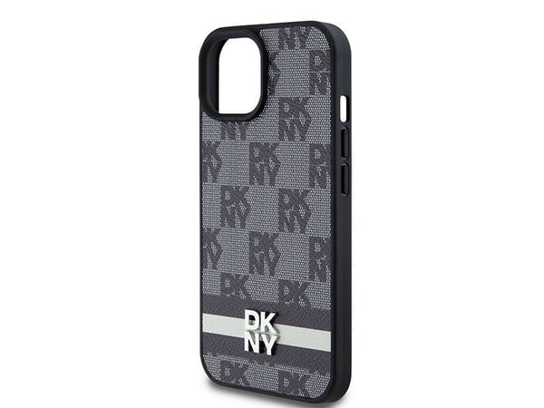 DKNY DKHCP15SPCPTSSK iPhone 15/14/13 6,1" svart hardcase i läder, rutigt monomönster & tryckta ränder