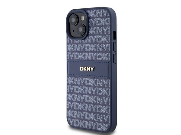 DKNY lærdeksel med mono stripe og metall-logo for iPhone 15 / 14 / 13 - blå