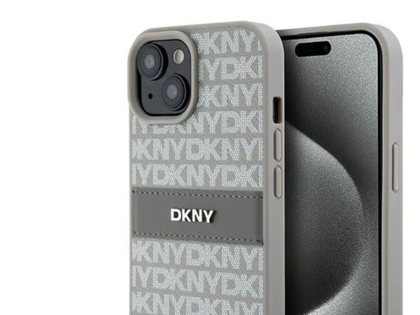 DKNY DKHCP15SPRTHSLE iPhone 15/14/13 6,1 beige hårdskal i läder mono stripe & metallogotyp