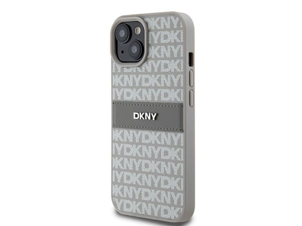 DKNY DKHCP15SPRTHSLE iPhone 15/14/13 6,1 beige hårdskal i läder mono stripe & metallogotyp