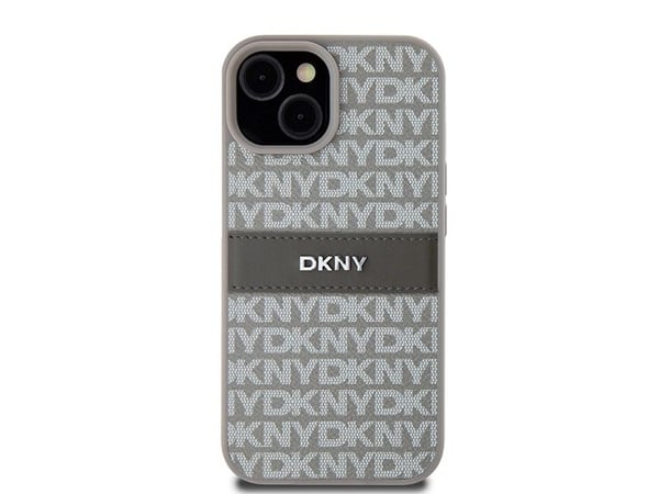 DKNY DKHCP15SPRTHSLE iPhone 15/14/13 6,1 beige hårdskal i läder mono stripe & metallogotyp
