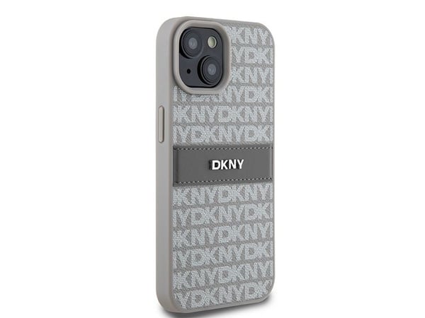 DKNY DKHCP15SPRTHSLE iPhone 15/14/13 6,1 beige hårdskal i läder mono stripe & metallogotyp