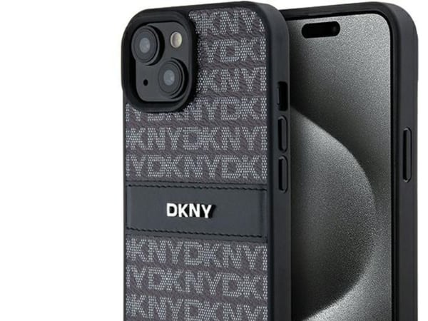 DKNY DKHCP15SPRTHSLK iPhone 15/14/13 6,1" svart hardcase Leather Mono Stripe & Metal Logo
