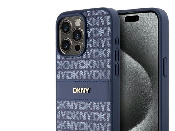 DKNY läder mono stripe & metallogga-skal till iPhone 15 Pro Max - blå
