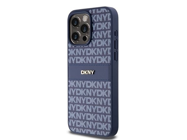 DKNY läder mono stripe & metallogga-skal till iPhone 15 Pro Max - blå