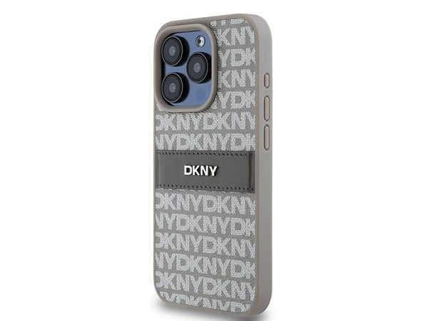 DKNY DKHCP15XPRTHSLE iPhone 15 Pro Max 6,7" beige hårdskal i läder mono stripe & metal-logga