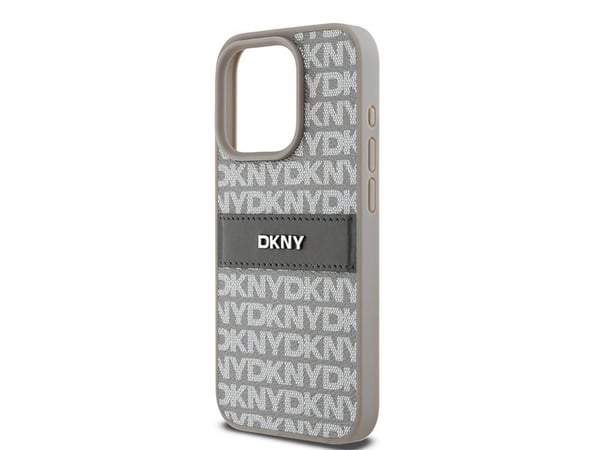DKNY DKHCP15XPRTHSLE iPhone 15 Pro Max 6,7" beige hårdskal i läder mono stripe & metal-logga
