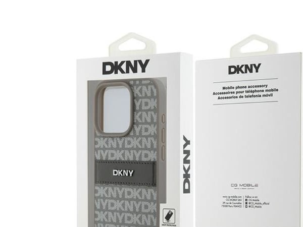 DKNY DKHCP15XPRTHSLE iPhone 15 Pro Max 6.7" beige/beige kova kotelo, nahkainen monoraita ja metallinen logo