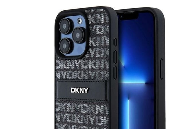 DKNY lærdeksel med mono stripe & metall-logo til iPhone 15 Pro Max - svart