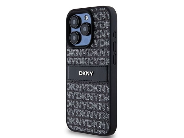 DKNY läder-skal med mono stripe & metallogotyp till iPhone 15 Pro Max - svart