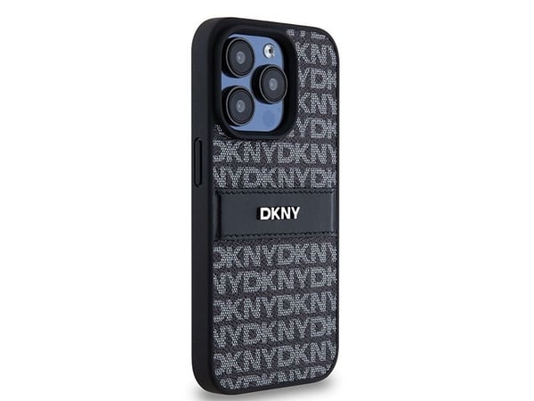 DKNY läder-skal med mono stripe & metallogotyp till iPhone 15 Pro Max - svart