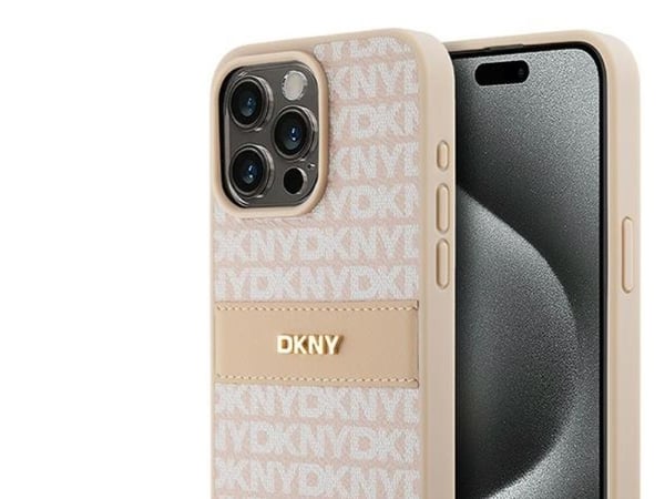 DKNY DKHCP15XPRTHSLP iPhone 15 Pro Max 6,7" rosa/rosa hardcase i skinn med monostripe og metalllogo
