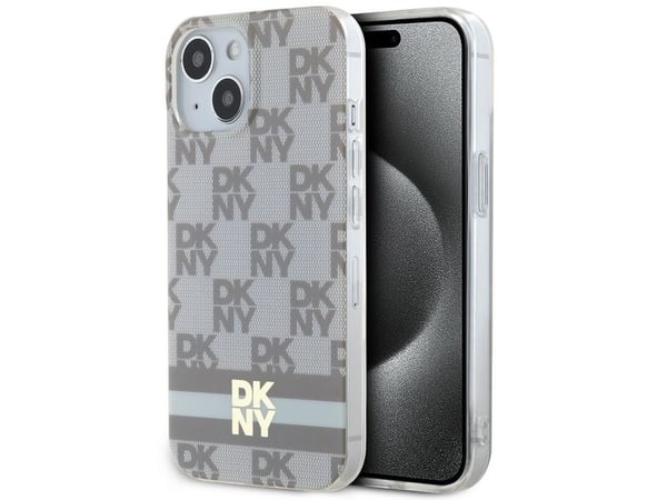 DKNY DKHMP14SHCPTSE hårt mobilskal till iPhone 14/15/13 6.1" beige MagSafe rutfritt mono-mönster & tryckta ränder