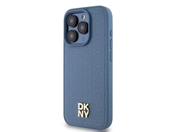 DKNY DKHMP15LPSHRPSB iPhone 15 Pro 6.1" sininen / sininen kova kotelo, nahka monogrammi kuvio metalli logo MagSafe