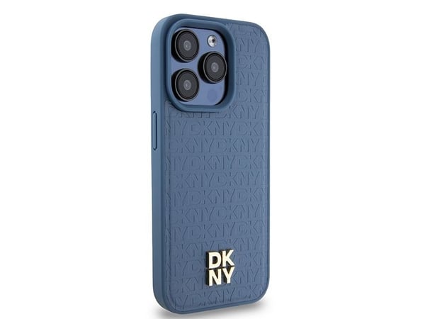 DKNY DKHMP15LPSHRPSB iPhone 15 Pro 6.1" sininen / sininen kova kotelo, nahka monogrammi kuvio metalli logo MagSafe