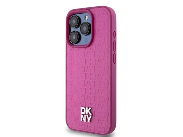 DKNY DKHMP15LPSHRPSP iPhone 15 Pro 6,1" rosa hardcase iPhone-skal i läder monogram metalliskt logomotiv MagSafe