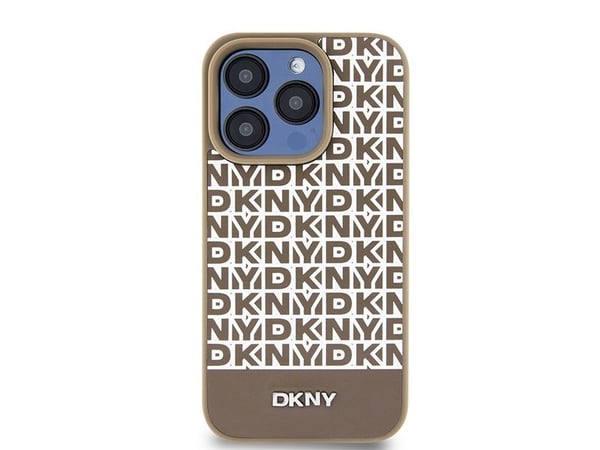 DKNY lädertryckt mönster metal-logga MagSafe-skal för iPhone 15 Pro - brun