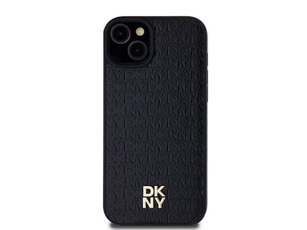 DKNY DKHMP15MPSHRPSK iPhone 15 Plus/14 Plus 6,7" svart hårdskal i läder monogram metallogga MagSafe