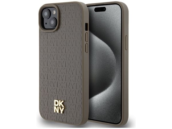 DKNY lærmønster metall-logo MagSafe-etui til iPhone 15 Plus / 14 Plus - brun