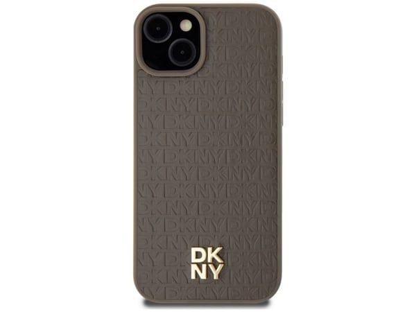 DKNY lærmønster metall-logo MagSafe-etui til iPhone 15 Plus / 14 Plus - brun