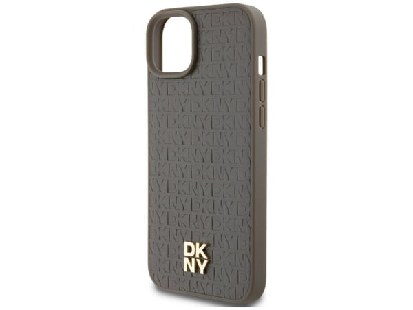 DKNY DKHMP15SPSHRPSW iPhone 15/14/13 6,1" brun hardcase i lærmønster med metall-logo MagSafe