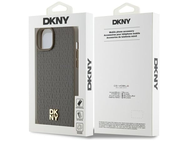 DKNY DKHMP15SPSHRPSW iPhone 15/14/13 6,1" brun hardcase i lærmønster med metall-logo MagSafe