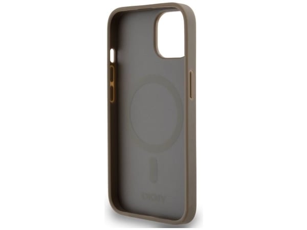DKNY läderfodral med tryckt mönster och metall-logga MagSafe för iPhone 15 / 14 / 13 - brun