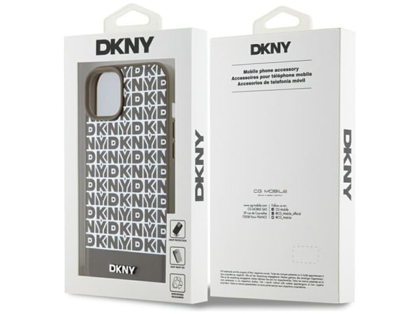 DKNY läderfodral med tryckt mönster och metall-logga MagSafe för iPhone 15 / 14 / 13 - brun