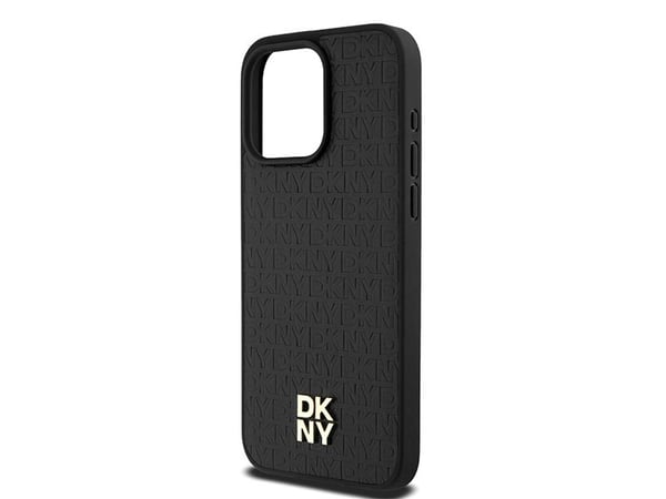DKNY DKHMP15XPSHRPSK iPhone 15 Pro Max 6,7" hardcase i svart lær med monogrammønster og metallogo MagSafe