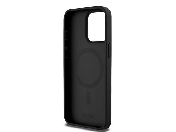 DKNY DKHMP15XPSHRPSK iPhone 15 Pro Max 6,7" hardcase i svart lær med monogrammønster og metallogo MagSafe