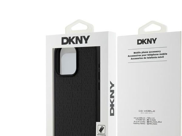 DKNY DKHMP15XPSHRPSK iPhone 15 Pro Max 6,7" hardcase i svart lær med monogrammønster og metallogo MagSafe