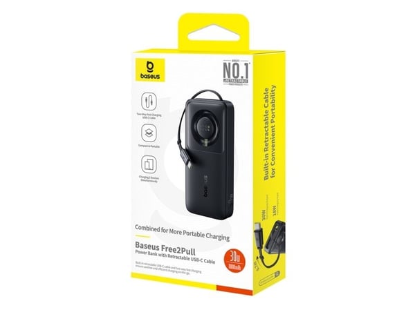 Powerbank Baseus Free2Pull 10000mAh 30W med USB-C og uttrekkbar USB-C-kabel - svart