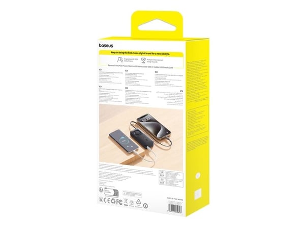 Powerbank Baseus Free2Pull 10000mAh 30W med USB-C og uttrekkbar USB-C-kabel - svart