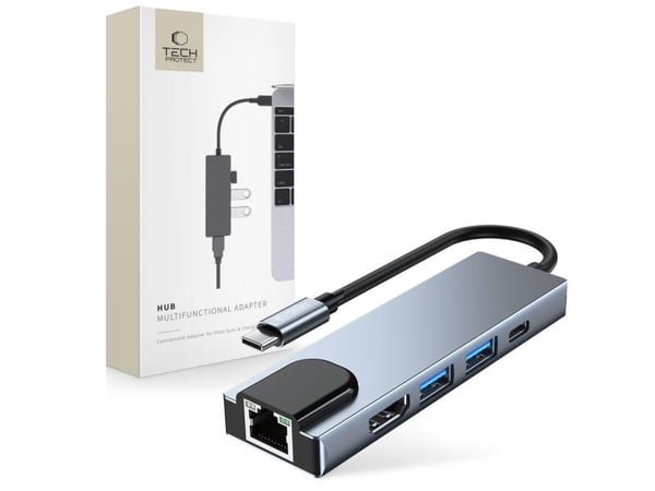 Tech-Protect V3 hubb 5-i-1 USB-C - USB-A 3.0 / USB-A 2.0 / USB-C / HDMI / RJ45 - grå