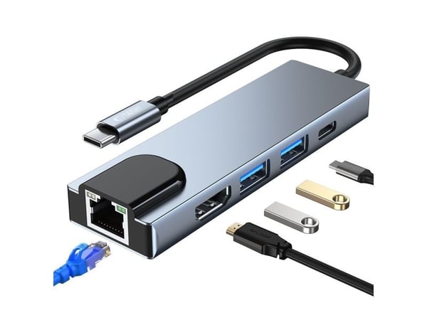 Tech-Protect V3 hubb 5-i-1 USB-C - USB-A 3.0 / USB-A 2.0 / USB-C / HDMI / RJ45 - grå