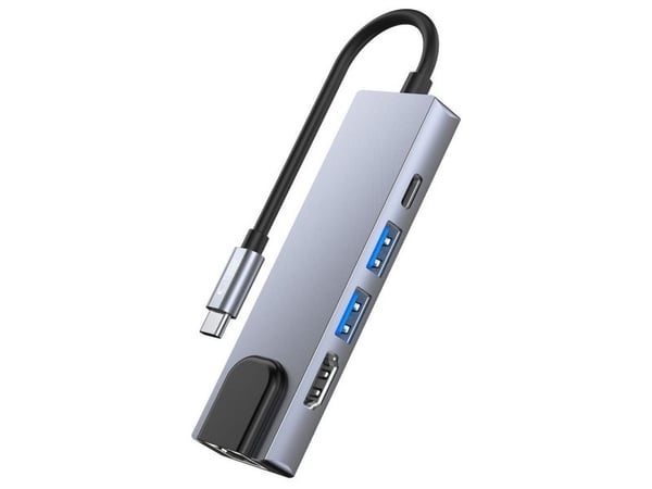Tech-Protect V3 hubb 5-i-1 USB-C - USB-A 3.0 / USB-A 2.0 / USB-C / HDMI / RJ45 - grå