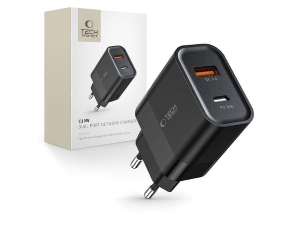 30W USB QC3.0 + USB-C PD Tech-Protect C30W Vegglader svart
